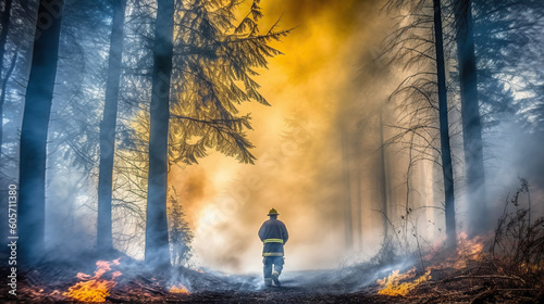 Firefighter from back walking towards the forest fire.