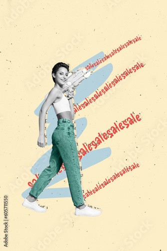 Vertical collage of positive black white colors girl walking hold water gun pistol sale limited offer isolated on beige background