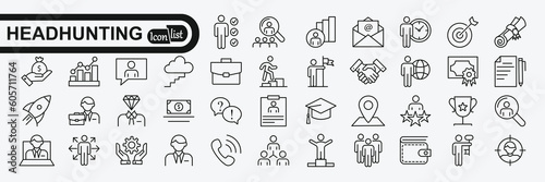 Headhunting set of web icons in line style. Recruitment icons for web and mobile app. Career, resume, job hiring, candidate, HR, business, headhunting, recruitment. 