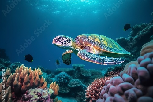 Sea turtle swimming the undersea  Beautiful Underwater and colorful coral in the wild nature of the Pacific Ocean.
