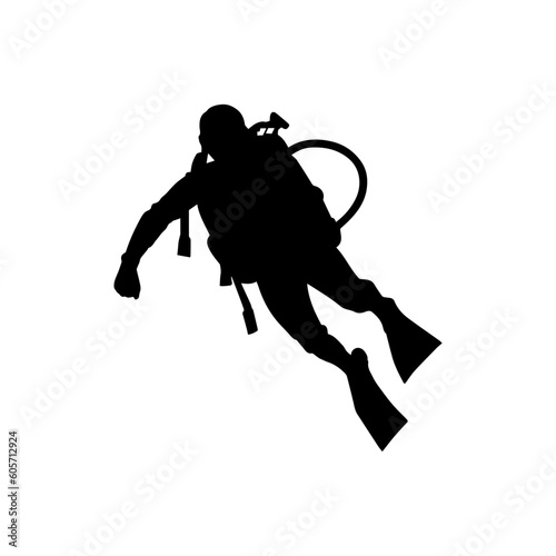 Vector illustration. Scuba diver silhouette underwater.