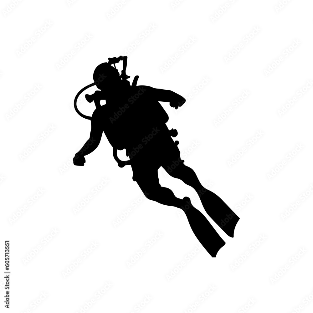 Vector illustration. Scuba diver silhouette underwater. Vector illustration. Scuba diver silhouette underwater.