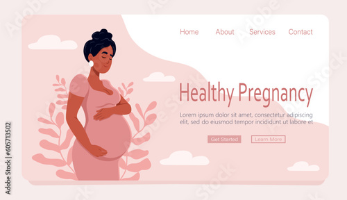 Web page template concept of pregnancy and motherhood. Healthy pregnancy banner. Beautiful pregnant black woman hugs her belly. Vector illustration in cute cartoon style.