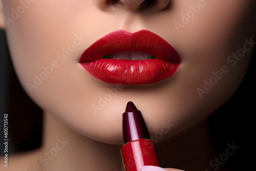 Model applying lipstick to the lip. Close-up of female lips covered with red lipstick photo