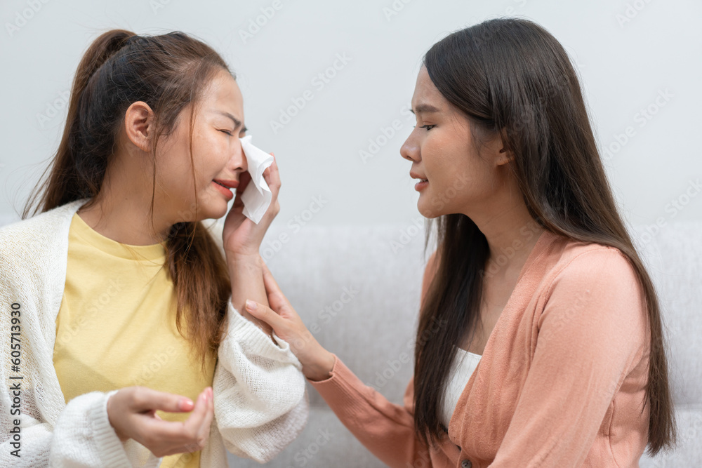 Two women talking about problems at home. Asian women embrace to calm their sad best friends from feeling down. Female friends supporting each other. Problems, friendship, and care concept Two women talking about problems at home. Asian women embrace to calm their sad best friends from feeling down. Female friends supporting each other. Problems, friendship, and care concept