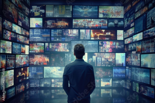 Adult Business Man In A Dark Jacket In An Empty Room In Front Of A Wall With Many News Screens Created Using Artificial Intelligence