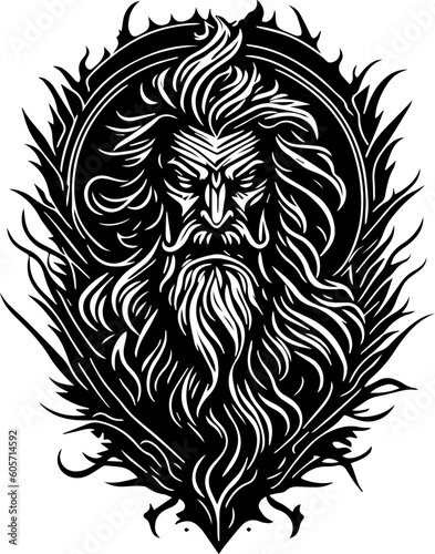 Tattoo style rage mythologic god head front view logo emblem, heraldry, lines, black and white, isolated, branding, sign	
