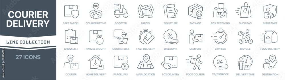 Courier and delivery linear signed icon collection. Signed thin line icons collection. Set of courier and delivery simple outline icons Courier and delivery linear signed icon collection. Signed thin line icons collection. Set of courier and delivery simple outline icons