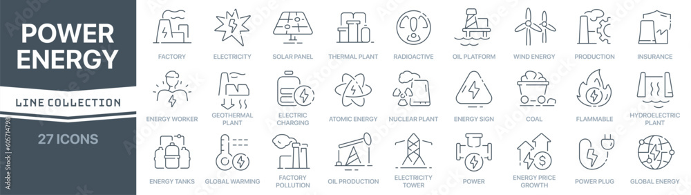 Power and energy linear signed icon collection. Signed thin line icons ...