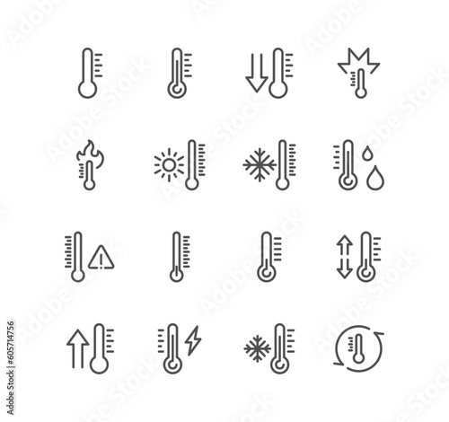 Set of temperature related icons, thermometer, pyrometer, thermostat, snowflake, overheat, temperature check, measurement and linear variety vectors.