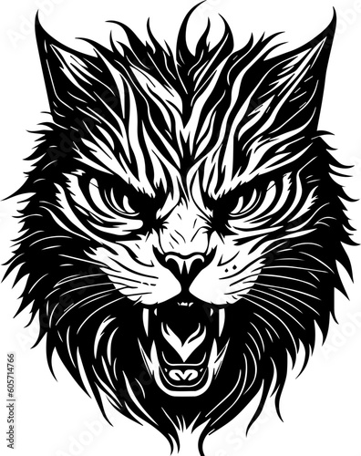 Tattoo style rage cat head front view logo emblem, heraldry, lines, black and white, isolated, branding, sign	