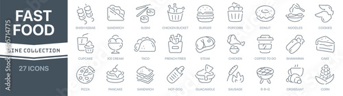 Fast food linear signed icon collection. Signed thin line icons collection. Set of fast food simple outline icons