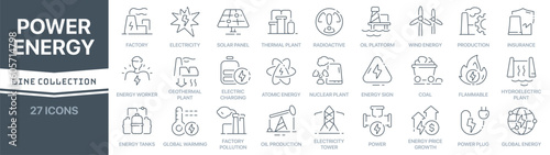 Power and energy linear signed icon collection. Signed thin line icons collection. Set of power and energy simple outline icons