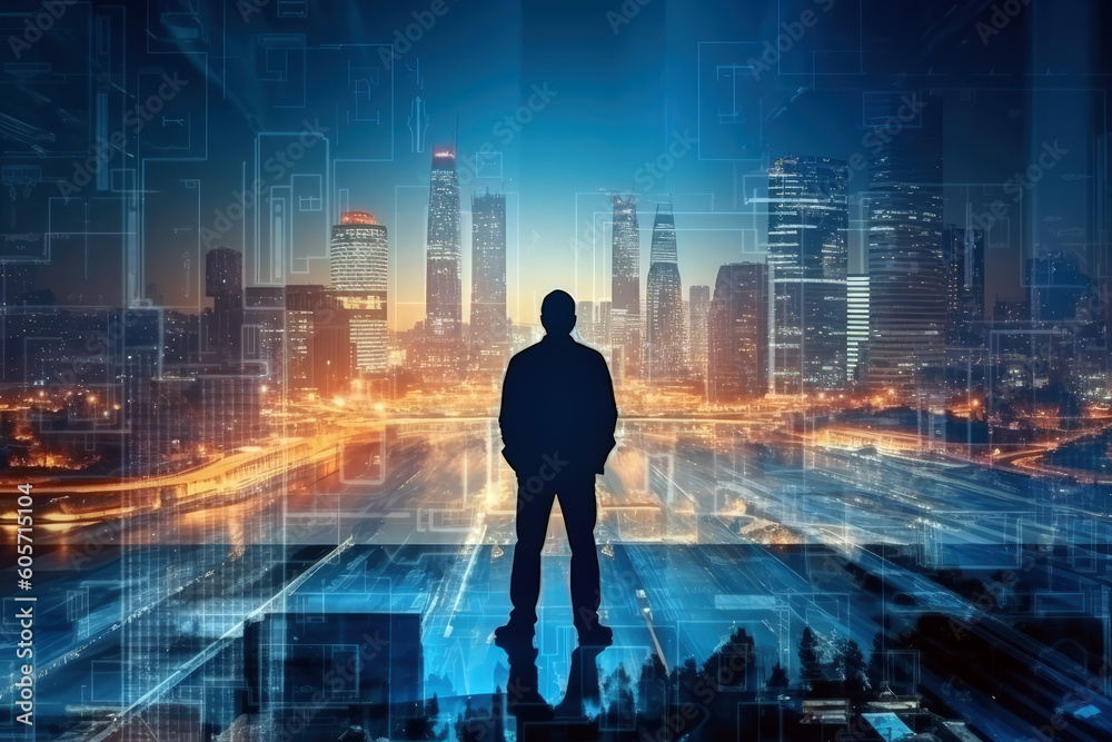 Man standing back double exposure technology buildings generative ai Man standing back double exposure technology buildings generative ai