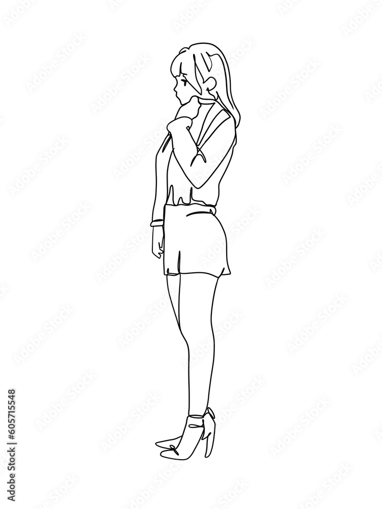 A school girl posing in uniform is hand drawn in one line and line art style. Anime style body expression. Printable art.