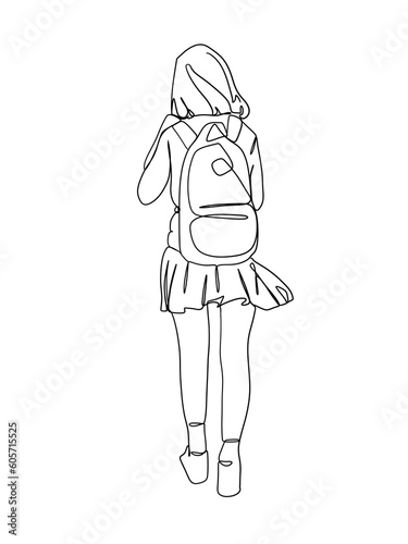 A school girl with bag in uniform is hand drawn in one line and line art style. Anime style body expression. Printable art.