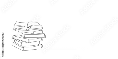 Continuous one line drawing of stack of books and open book with place for text. Single line of notebooks for background. Education, business, back to school hand drawn sketch design. Editable stroke