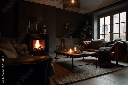 Cozy living room with inviting fireplace. Generative AI