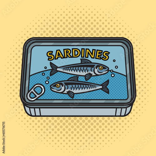 canned sardines pinup pop art retro vector illustration. Comic book style imitation.