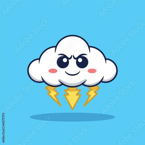 Vector cartoon illustration of cute white cloud with lightning