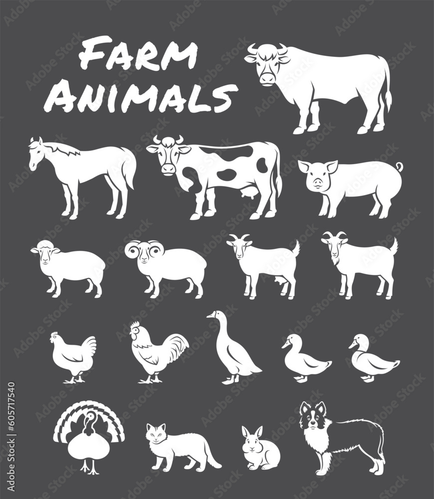 Domestic farm animals solid silhouette illustrations. White pictograms on dark background. Simple outline elements of large and small cattle, fowl, horse, pig, turkey, rabbit, other livestock Domestic farm animals solid silhouette illustrations. White pictograms on dark background. Simple outline elements of large and small cattle, fowl, horse, pig, turkey, rabbit, other livestock