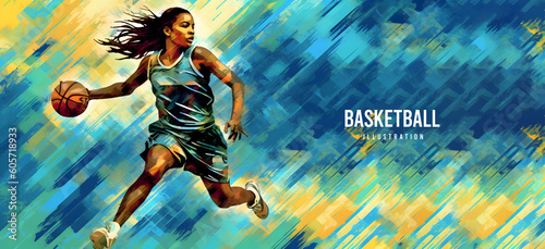 Realistic silhouette of a basketball player. Woman in action isolated on copy space background. Generative Ai illustration
