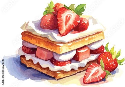 Watercolor Strawberry shortcake , Vector, illustration