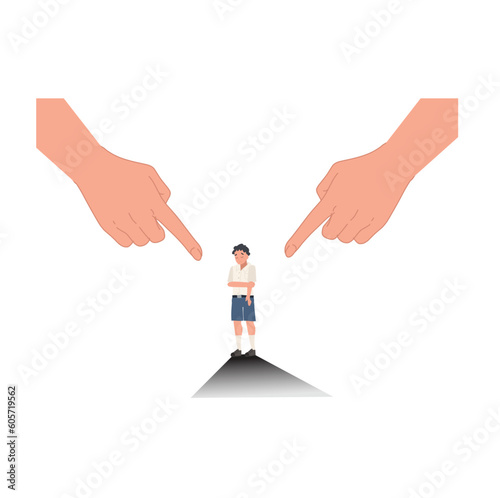 Blame and shame against children concept. small of student boy with huge hands as parent's expectation. Flat vector cartoon illustration