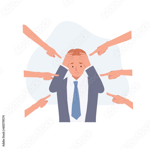 Blaming Bullying on work concept. Businessman as a victim of bullies. harassment and hate attack, social blame