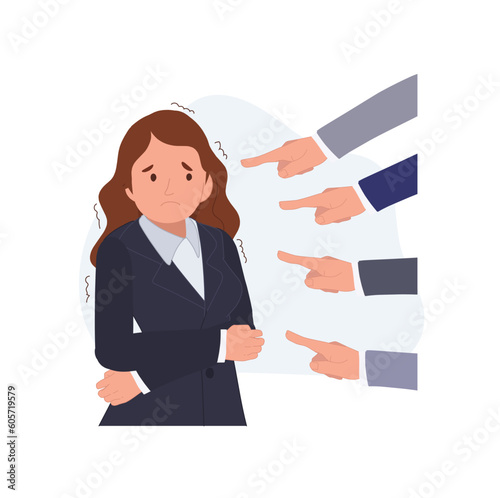 Blaming Bullying on work concept. Businesswoman as a victim of bullies. harassment and hate attack, social blame