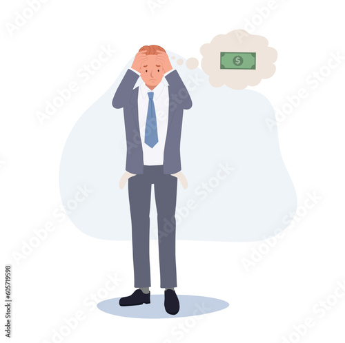 Financial crisis concept. A worried businessman who has no money left. Flat vector cartoon illustration