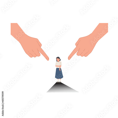 Blame and shame against children concept. small of student girl with huge hands as parent's expectation. Flat vector cartoon illustration