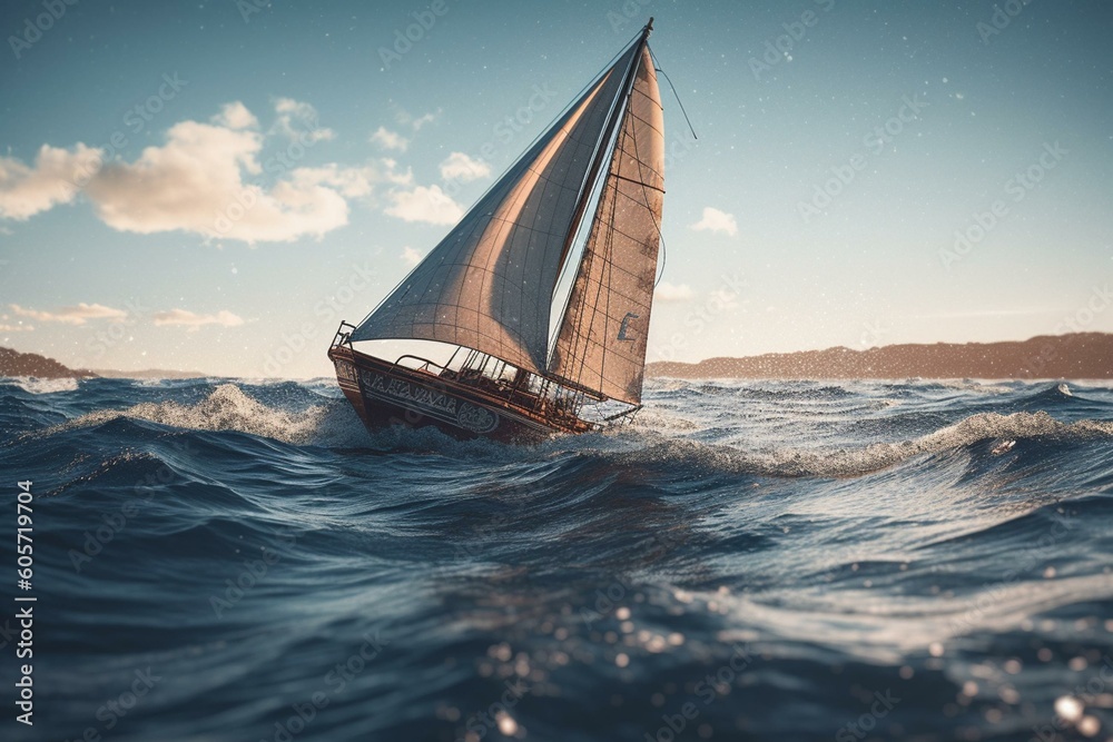 Illustration of a sailboat on the ocean with a paper-like texture. Generative AI