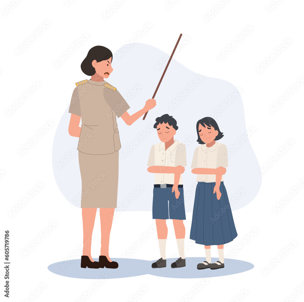 Education concept. Angry teacher Reprimand student. Thai teacher woman give punishment to her student. Flat vector cartoon illustration Education concept. Angry teacher Reprimand student. Thai teacher woman give punishment to her student. Flat vector cartoon illustration