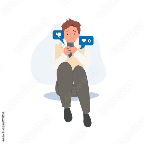 online social addict concept. Asian high school man holding smartphone and getting sad due to no one give like to his picture. Flat vector  cartoon character illustration.