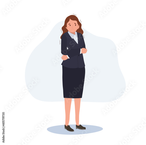 shivery businesswoman who worried and got fear about work. Flat vector cartoon illustration.