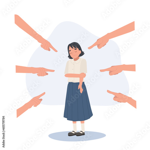 A victim of bullying concept. Unhappy Thai student girl is sad from bullying in school. Flat vector cartoon illustration