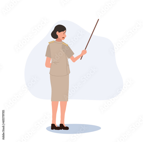 Angry Thai woman teacher with pointing stick. disciplined teacher. Flat vector cartoon illustration