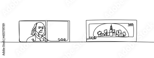 New 100 dollar bill on both sides one line art. Continuous line drawing of bank, money, finance, financial, payment, data, savings, economic, wealth, credit