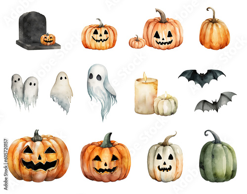 Watercolor elements - ghosts, pumpkins, jack o lanterns