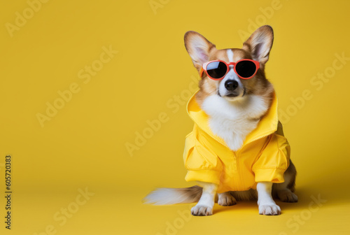 Fashionable corgi dog wearing yellow rain coat ang sunglasses, looking atcamera, over yellow background. AI generative photo