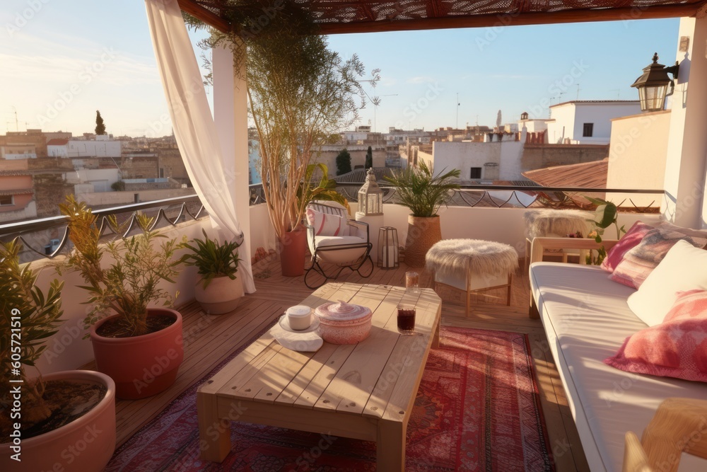Moroccan Riad's rooftop terrace, featuring comfortable seating areas, panoramic views of the city, and vibrant Moroccan textiles, perfect for travel. Generative AI