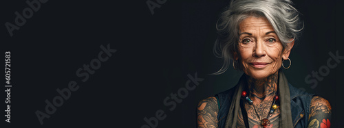 Portrait of a stylish elderly happy woman in tattoos on studio background. Generative AI