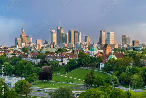 Aerial view of Warsaw city center during sunset