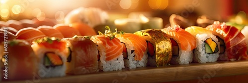 Sushi with soft lighting, presented in an elegant and captivating manner. Generative AI