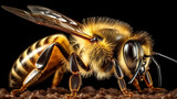 Close-up image of a bee, macro, in a honeycomb, Generated AI