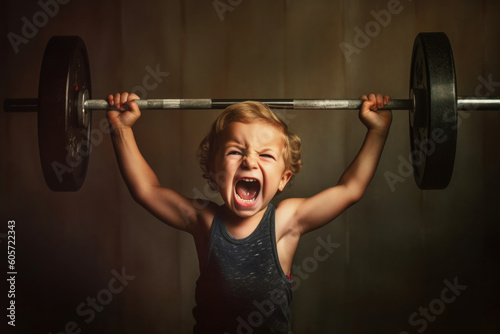 Boy lifts heavy barbell over his head with an emotion of effort. Concept of winning over yourself and achieving results. Created with Generative AI