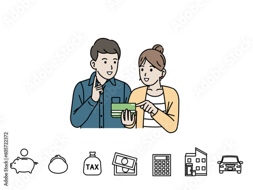 通帳を見る夫婦のイラスト