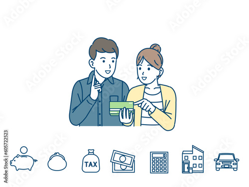 通帳を見る夫婦のイラスト