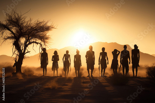 Silhouettes of african aborigines at sunset. Female tribe members in desert landscape. Created with Generative AI